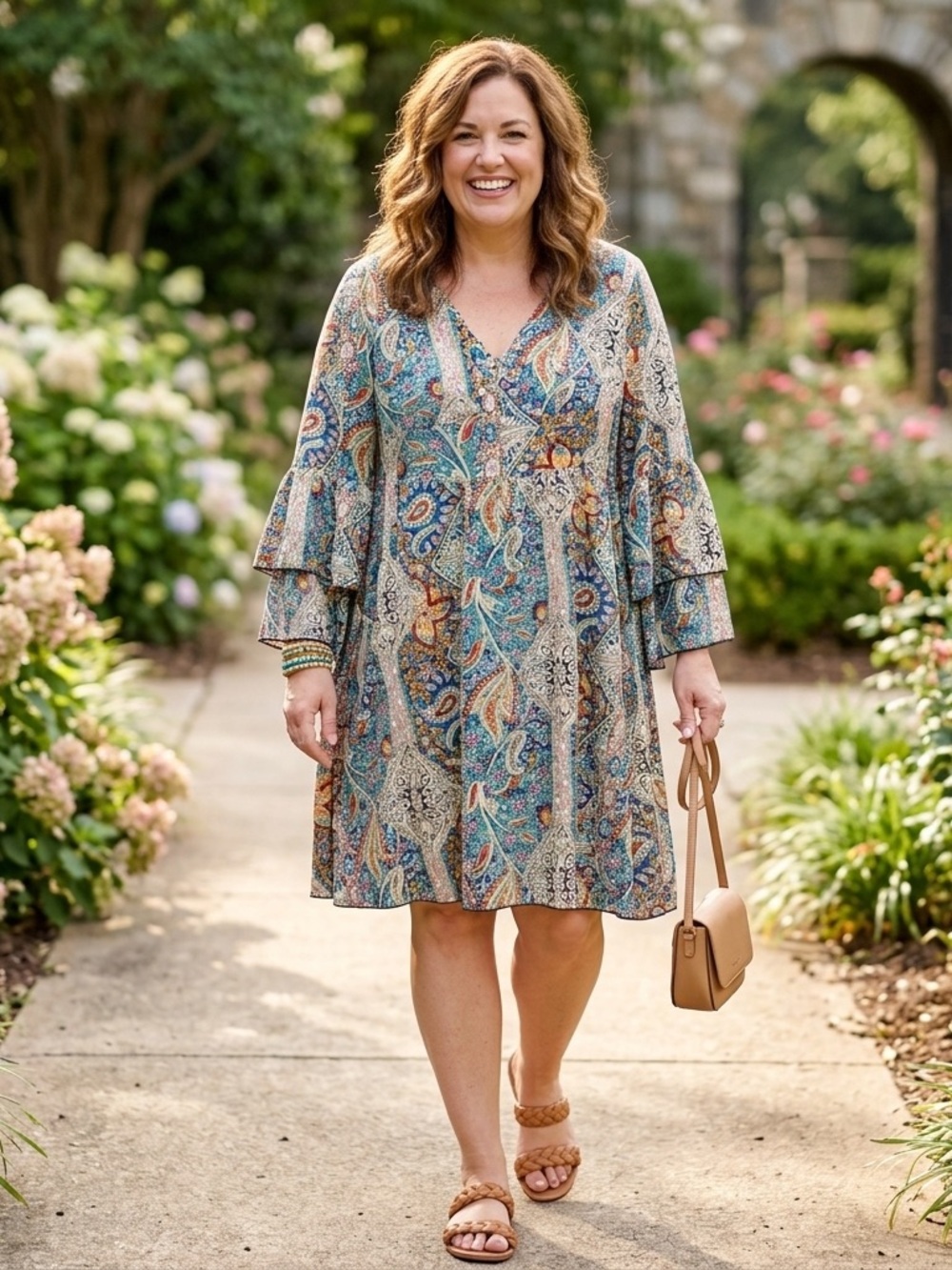 Boho Paisley Tiered Mini Dress XL Blue Orange Bell Sleeve Ruffle V-Neck Retro